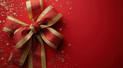 Poster - Red Gift Box with Ribbon and Bow on a Red Background extreme closeup. Generative AI