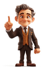 Poster - Cartoon Cute Businessman Points a Finger at an Empty Place on a white background. Generative AI