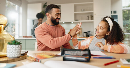 Poster - Daughter, high five or dad for education, learning and growth for future or knowledge. Man, girl student or kitchen for help, studying or support of home school for development or coloring assessment