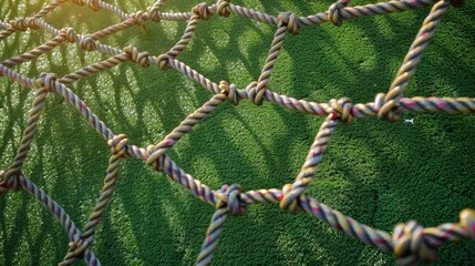 Children s Rope Climbing Net Playground on synthetic green turf providing fun and fitness opportunities for kids promoting climbing skills development