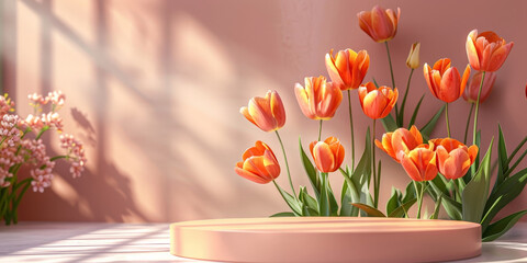 Wall Mural -  A round podium on orange background with tulips , ecommerce product display,Vibrant orange tulips in a lush garden setting with a sleek podium, capturing the beauty of spring flowers