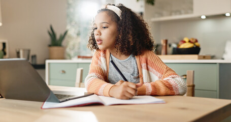 Poster - Girl child, home and writing with laptop for online learning or education, digital application and literature for growth or development. Kid, internet and virtual class for homeschooling and website.