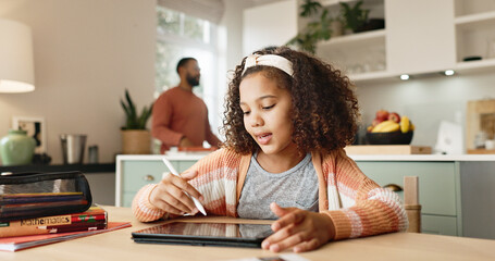 Poster - Girl child, home and drawing on tablet for homeschool, learning and growth or development of motor skills with digital art. Kid, creativity and sketch online for handwriting practice and education.