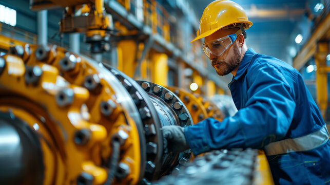 A skilled engineer in blue overalls inspects large machinery in a modern industrial factory setting.