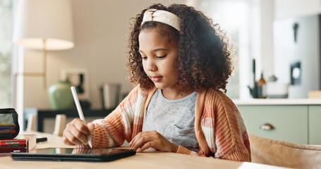 Poster - Girl kid, home and sketch on tablet for homeschool, learning and growth or development of motor skills with digital art. Child, creativity and drawing online for handwriting practice and education.