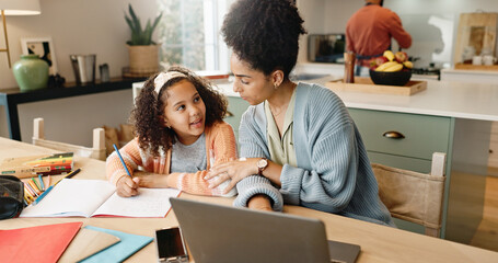 Aufkleber - Child, laptop and mom with education, learning and growth for future or knowledge. Mother, student and kitchen for help, studying and support or home school for development or coloring assessment