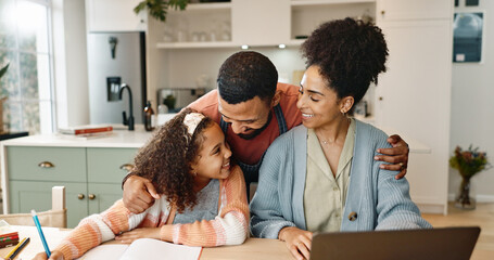 Poster - Family, hug and love in home with homework in dining room for remote work, online course and bonding with smile. Parents, girl child and laptop with embrace for elearning, education and study support
