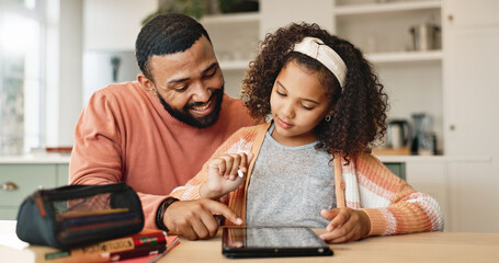 Poster - Girl, father and learning with tablet in home for online education or assessment, homeschool and virtual courses. Parent, child and house with technology for digital literacy, growth and development.