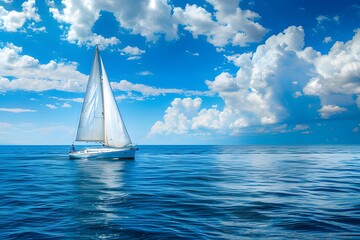 Wall Mural - Sailing yacht in the open sea, blue sky with white clouds ai generative