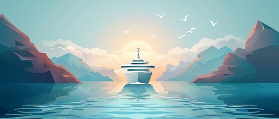 Serene illustration of a cruise ship sailing between majestic mountains at sunrise with birds flying in the sky. Tranquil sea voyage.