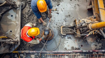 Wall Mural - Two technicians working together to replace a broken piston on a concrete pump using their expertise and precision to get the job done onsite.