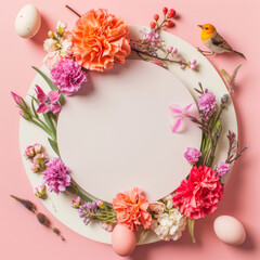 Wall Mural - A spring-themed arrangement in a photographic style, featuring a large circular off-white plaque surrounded by pastel-colored Easter eggs and vibrant flowers