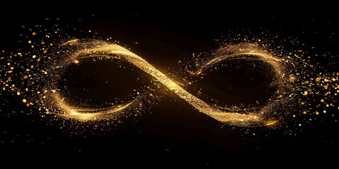 Poster - Glowing golden infinity symbol with sparkling particles, creating a sense of elegance and timelessness on a dark background.
