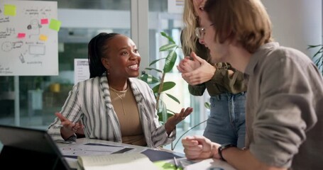 Poster - Business people, laptop and high five with success, celebration and media solution at public relations startup. Young creative group and analyst with yes, clapping and excited for online results
