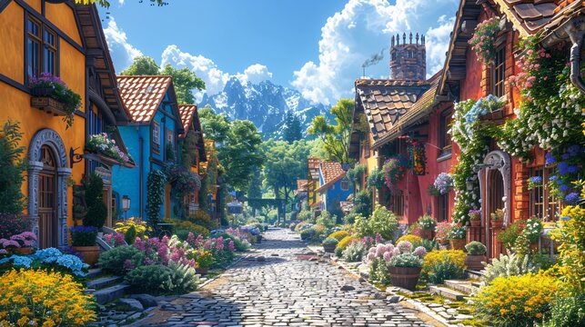 a charming european village with cobblestone streets, colorful houses, and flower boxes.