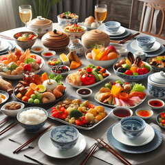 Assortment of chinese dishes on dining table at chinese reataurant