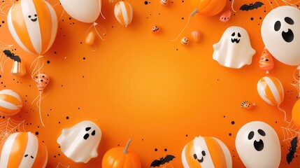 Halloween Sale Promotion Poster with Halloween candy and Halloween Ghost Balloons on Orange background. Scary air balloons. Website spooky or banner template. Vector illustration