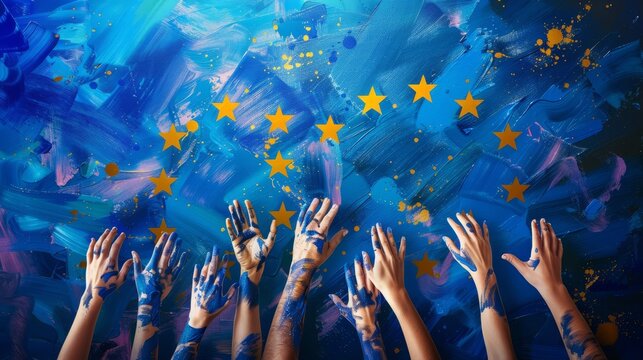 Flag of the European Union with raised hands against paint splashed background. Banner in blue for the European elections in the European Union.