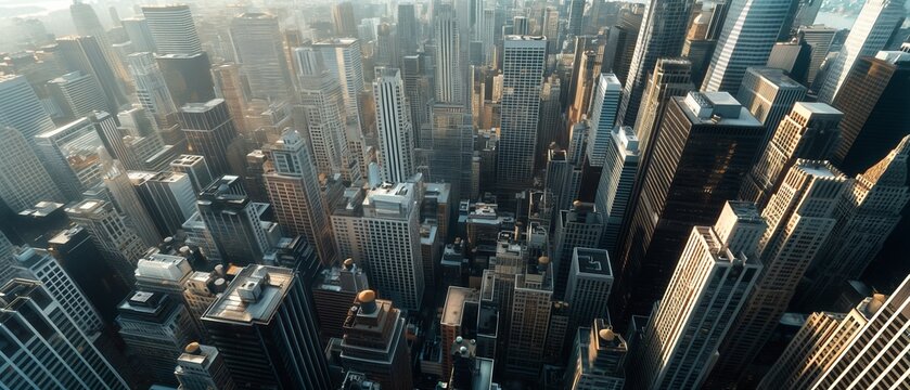 A panoramic aerial shot of a modern cityscape dotted with skyscrapers housing financial institutions, symbolizing the intersection of technology and finance. 32k, full ultra HD, high resolution