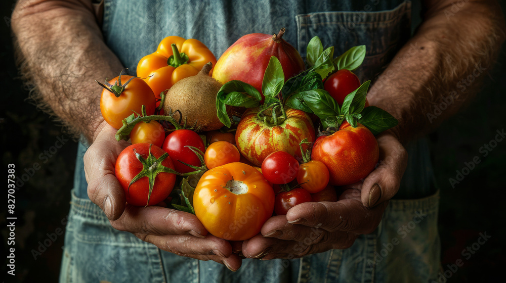 A farmer's hands full of freshly harvested organic vegetables, showcasing the bounty and diversity of the farm produce.