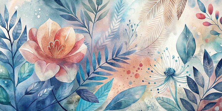 Botanical doodle background art with abstract flower and leaves shapes in watercolor style for prints, wallpapers, and home decor
