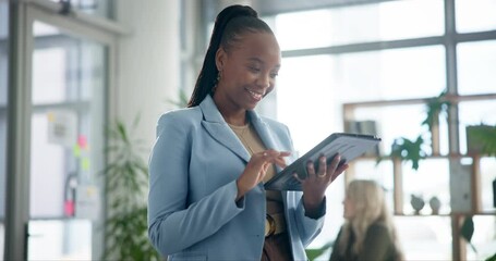 Aufkleber - Woman, business and tablet or typing in office, networking and company website or review email for social media. Communication, contact and online search with employee, workplace and browse or scroll