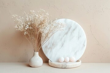 Wall Mural - Marble white round podium and bouquet of dry Lagurus on beige background. Place, background for cosmetics. Top view. Copy space. generative ai.