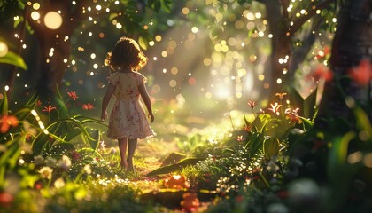 Wall Mural - a girl is walking through a forest with butterflies flying around her by ai generated image