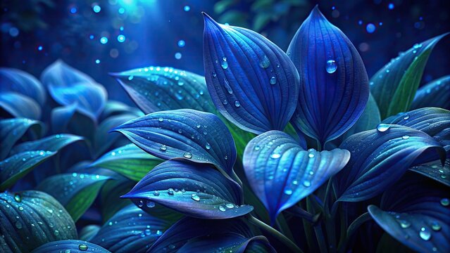Close-up of a Blue Angel hosta plant with striking blue leaves covered in raindrops in a garden
