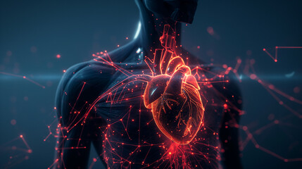 Wall Mural - a human torso with a holographic heart and veins glowing, radiating health in the center of his ches