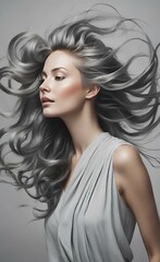 Wall Mural - Portrait of a woman with wind in her hair in a studio for treatment, wellness, and beauty on a gray background.