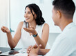© peopleimages.com - Business woman, meeting or discussion in office with colleagues for collaboration, communication and teamwork. Female person, listening or conversation with coworkers for planning and brainstorming