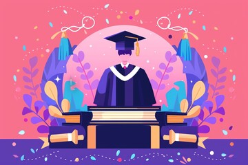 Colorful illustration of a graduate in cap and gown standing in front of books and diplomas, celebrating academic achievement and success.