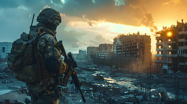 Post-apocalyptic world, a soldier wearing unique anti-nuclear armor stands with a conceptual rifle amidst the ruins of a city destroyed by nuclear war