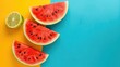 © pngking - Watermelon slice arrangement on colorful backdrop Top view photograph with empty space for text
