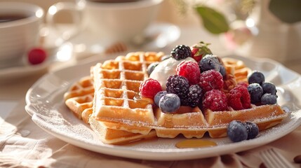 A table setting showcasing a balanced breakfast with whole grain waffles, a selection of fresh fruits, a dollop of Greek yogurt, and a drizzle of honey, accompanied by a cup of fre