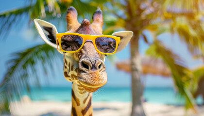 Wall Mural - A giraffe wearing sunglasses is standing on a beach by AI generated image