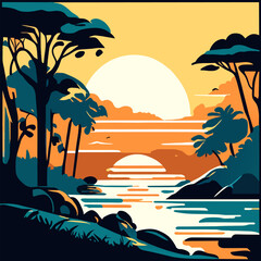 beach sunny day landscape with trees vector illustration doodle, vector illustration flat 2