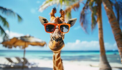 Poster - A giraffe wearing sunglasses is standing on a beach by AI generated image