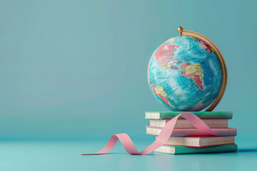 Sticker - A globe sits on top of a stack of books. The globe is blue and white, and the books are pink. Concept of curiosity and exploration, as the globe represents the vastness of the world