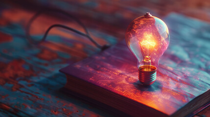 Wall Mural - Realistic 3D render of a glowing book with lightbulb, symbolizing innovative thinking and education in vibrant colors and close-up view.