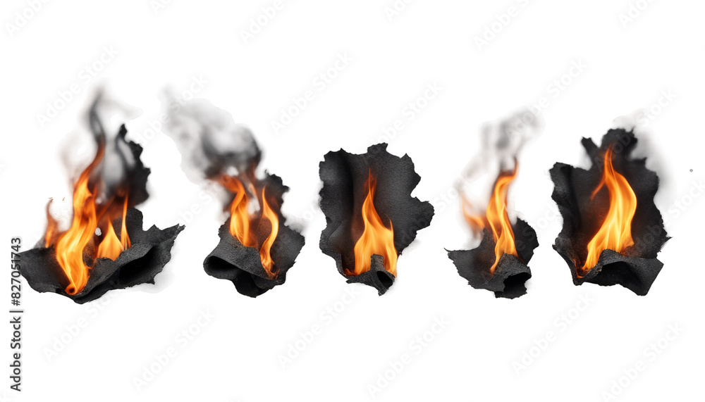 Set of Abstract burning torn paper pieces isolate on transparent ...