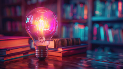 Wall Mural - A light bulb is lit up in a library. The light bulb is glowing pink and yellow. The library is filled with books