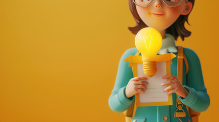 Wall Mural - Smart teacher holding a lightbulb and certificate symbolizes appreciation and education in a 3D render. Bright colors and realistic style close-up with copy space, ideal for educational themes.