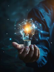 Businessman hand holding creative light bulb with industry network, analysis solution and development marketing network icons planning strategy, Modern business, Innovative of new ideas.