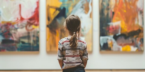 Young girl viewing abstract paintings in an art gallery