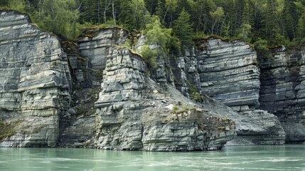 Wall Mural - layers of rock formations jutting out from the glacial river adding depth to the landscape.