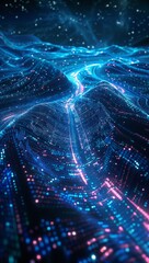 Poster - illuminated data streams in a digital landscape shaped by curves, cloud-based connectivity for a glo