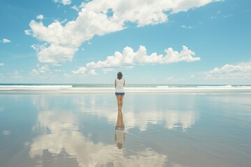 Wall Mural - Candid shot of a woman stands relaxed on a beach during her vacation, sky reflecting on the calm ocean waters behind her
