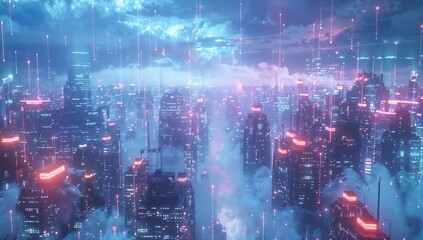 Poster - digital data flows in futuristic cityscape - smart community infrastructure concept animation